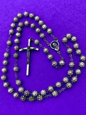 Vintage Textured Metallic Bead Rosary, Mary, Jesus, ITALY, Christianity, 19”