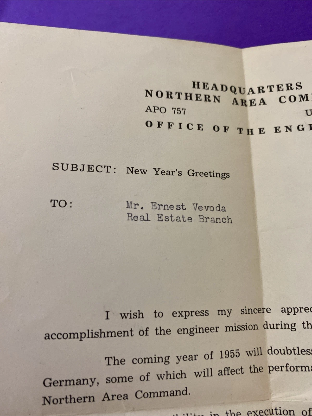 1954 US Army Northern Area Command Germany Engineer Letter Signed Col Ellison CE - Image 2