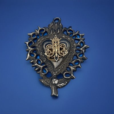 Vintage EX VOTO SACRED HEART Silver Tone Pendant