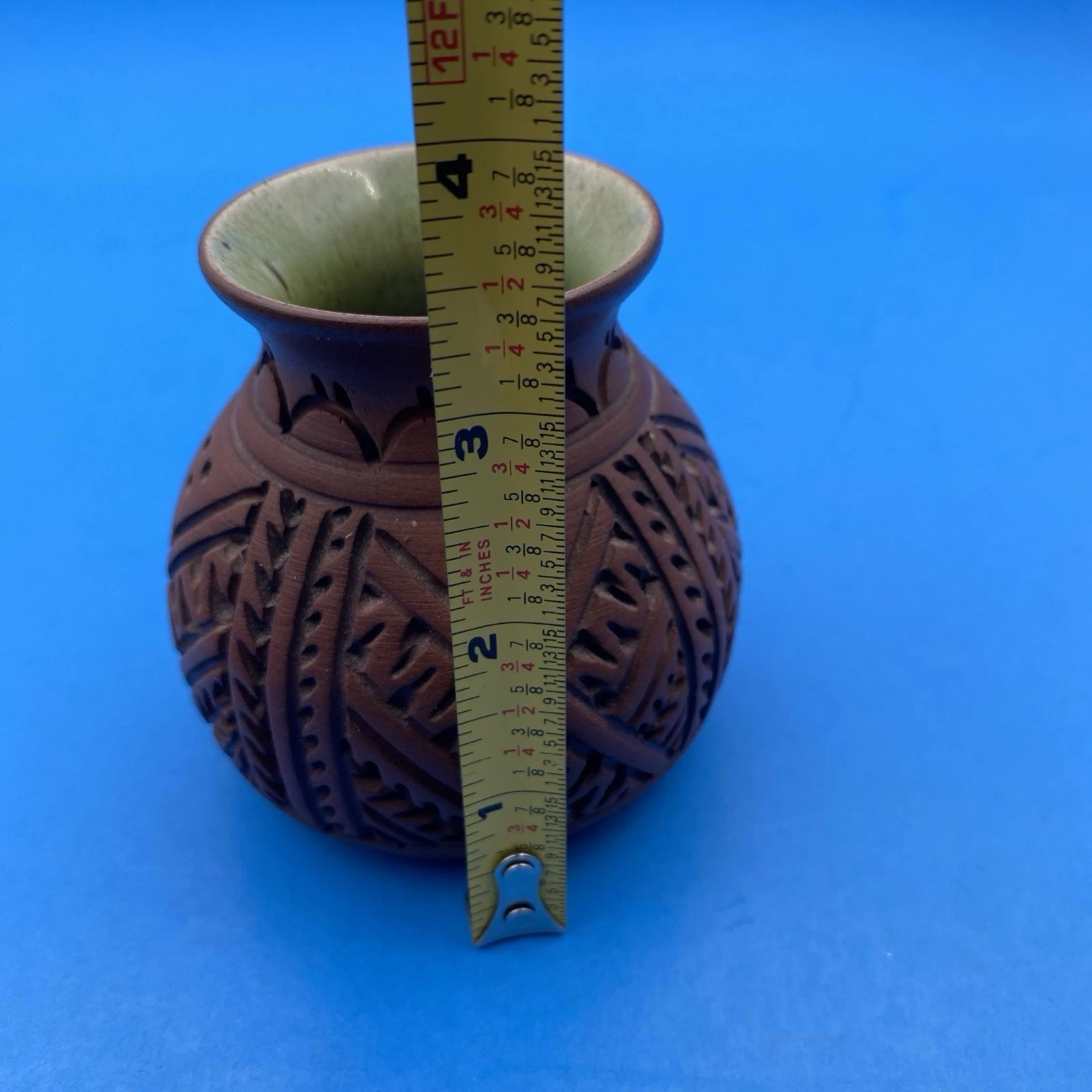 Six Nations Mohawk Pottery carved redware bud vase, green interior, signed, #8 - Image 10