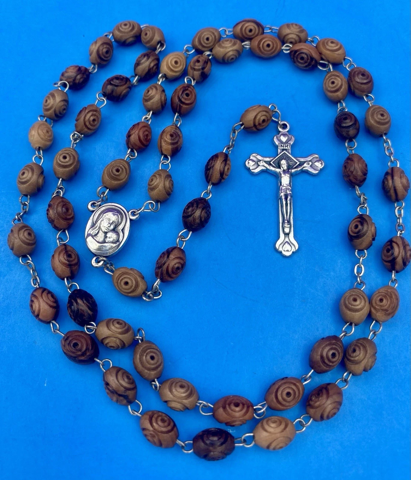 Carved Olive Wood Rosary, Terra Jerusalem Reliquary, Virgin Mary, Christianity