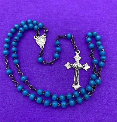 Vtg Blue Round Glass Beads Petite Rosary, Virgin Mary, France, Christianity, 14” - Image 4