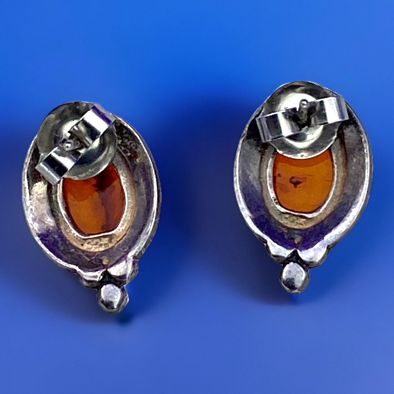 Vintage Native American Navajo Amber Sterling Silver 925 Oval Stud Earrings - Image 3