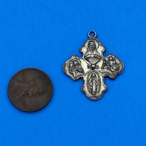 Vintage Catholic PPC Sterling Silver 4 Way Protection Cross Religious Medal - Image 2