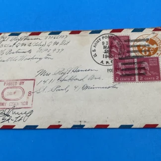 1943 APO 939 Dutch Harbor UC4 6¢ Airmail Cover Censored + 3x 2¢ Prexies
