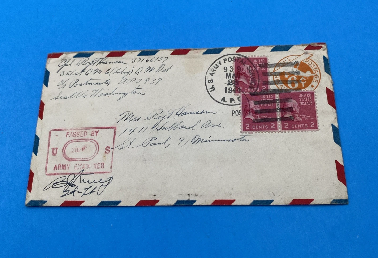 1943 APO 939 Dutch Harbor UC4 6¢ Airmail Cover Censored + 3x 2¢ Prexies