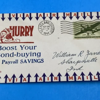 1944 WWII Kosko Airmail Cover War Bonds Payroll Savings 8c C26 Cleveland OH