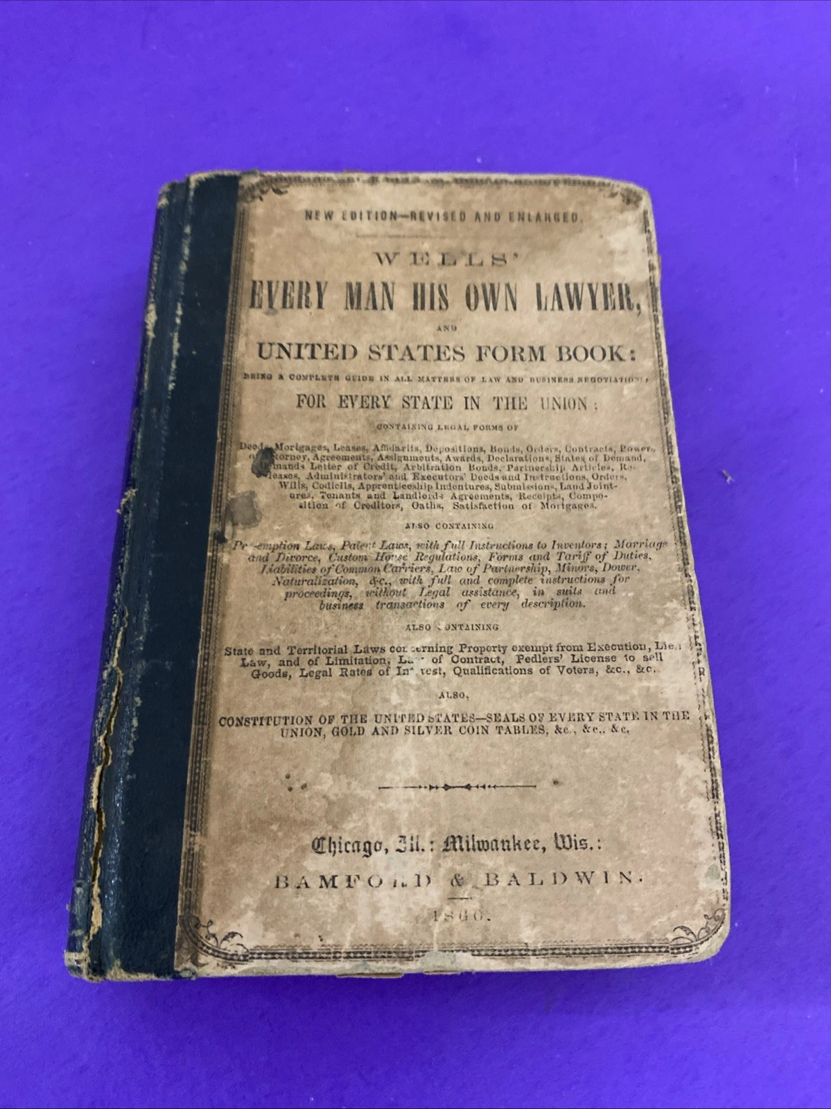 1860 Wells Every Man His Own Lawyer Form Book Patriotic Boards Ellenville NY USA