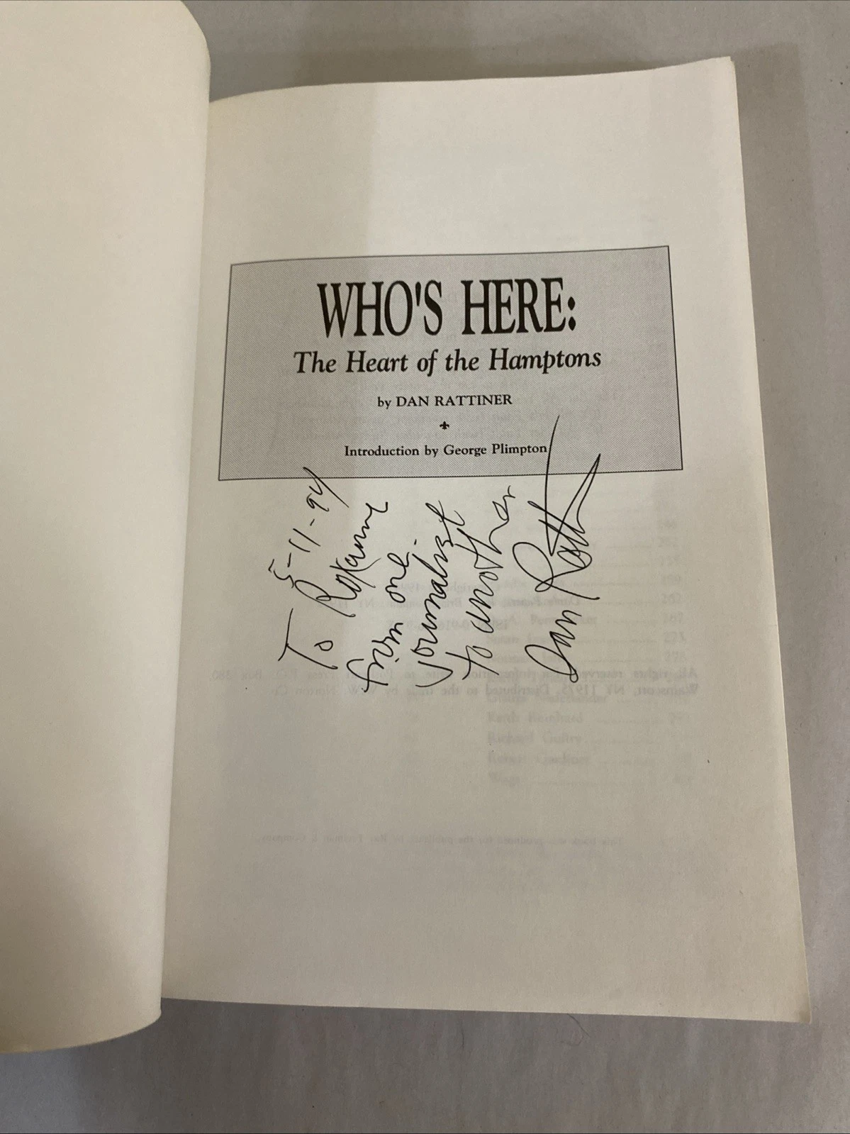 SIGNED/INSCRIBED Who's Here: Heart of the Hamptons Rattiner 1994 Plimpton PB NYS - Image 3