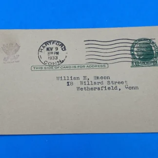 1933 Hartford CT NRA Eagle UX27 Postal Card Tuckel Radio Ad to Wethersfield Conn