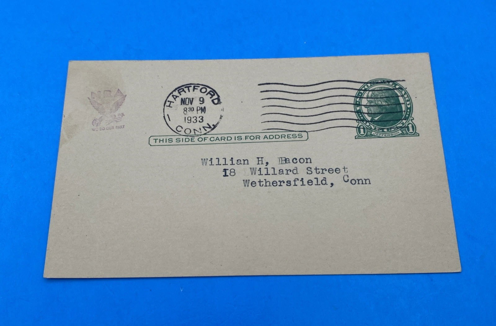1933 Hartford CT NRA Eagle UX27 Postal Card Tuckel Radio Ad to Wethersfield Conn