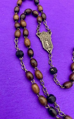 Antique Vintage Ebony Wood Bead Rosary, Virgin Mary, Jesus, FRANCE, Christianity - Image 11