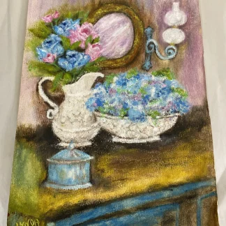 Signed Lynda Pastel Still Life Hydrangeas Pitcher & Mirror on Paper 10.5x14.5 in