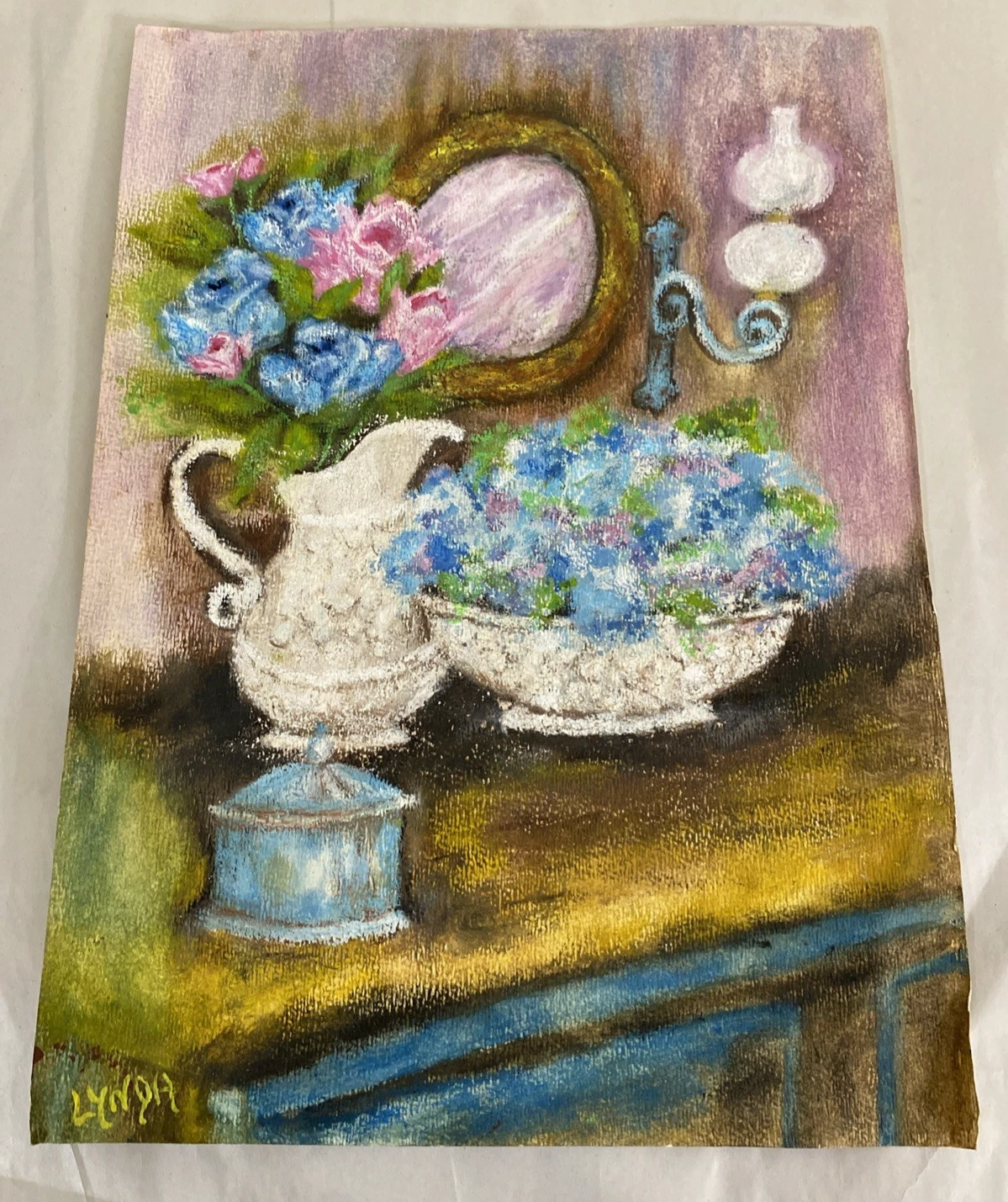 Signed Lynda Pastel Still Life Hydrangeas Pitcher & Mirror on Paper 10.5x14.5 in