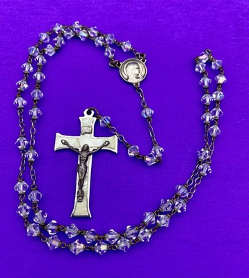 Vtg Aurora Borealis Crystal Bicone Faceted Glass Petite Rosary, MOP Crucifix,15” - Image 4