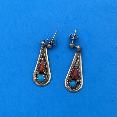 Native American Sterling Earrings Vintage Red Coral/Turquoise - Image 2