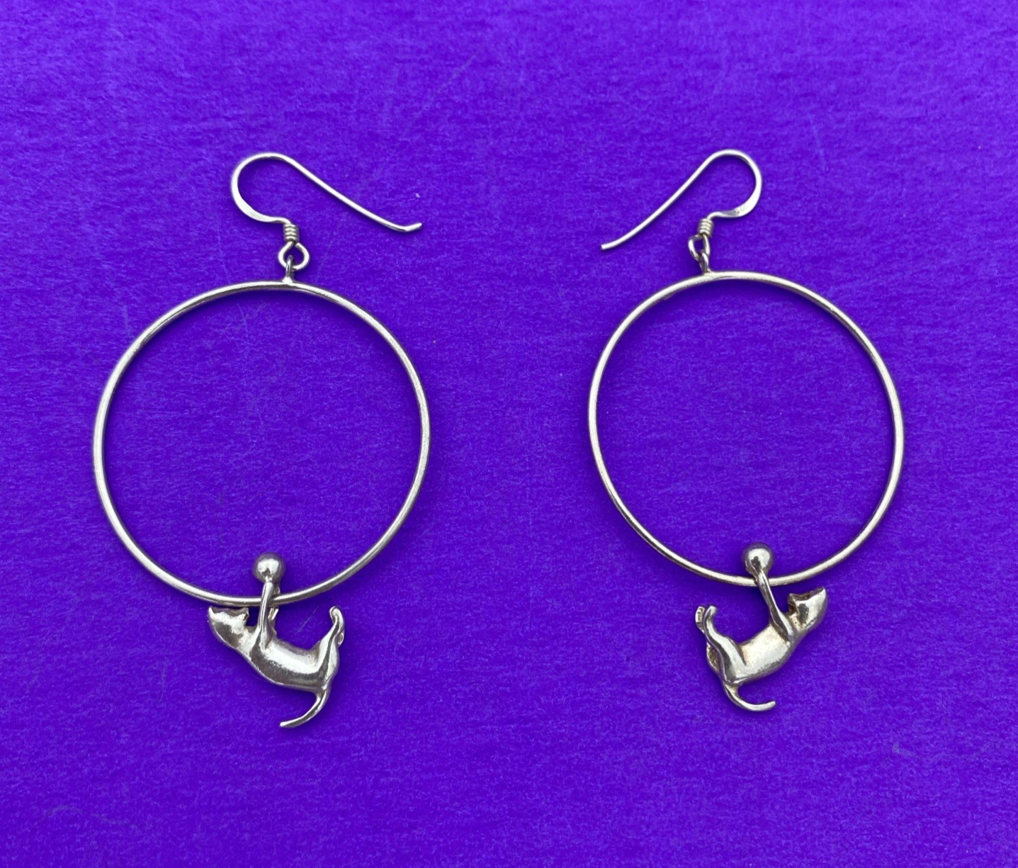 Vintage 925 Cat Hanging On Loop Dangle Sterling Silver Earrings