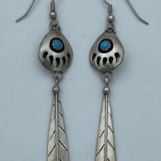 Vintage Sterling Silver NAVAJO Turquoise Bear Paw Feather Dangle Earrings