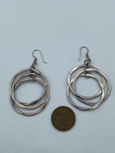 Hammered Hoops sterling silver triple hoop vintage drop artisan earrings 12.1g. - Image 2