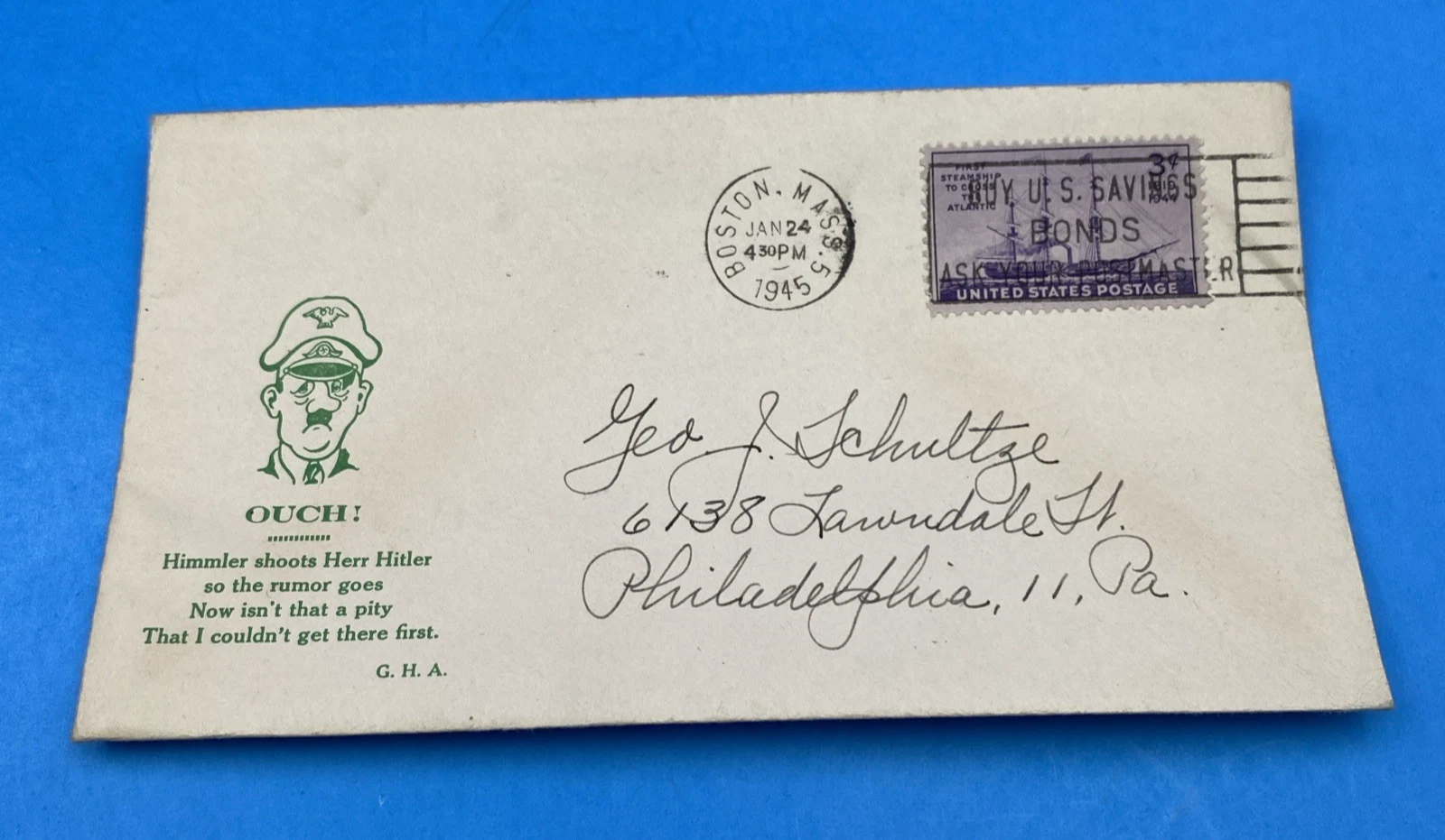 1945 Boston WW2 G.H.A. Himmler/Hitler cachet, 3c Steamship Savannah; letter incl