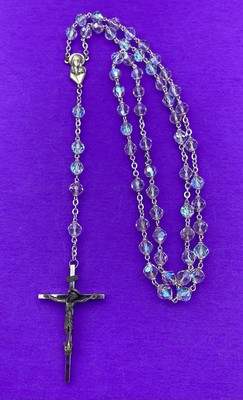 Vtg Aurora Borealis Crystal Faceted Glass Rosary ITALY, Virgin Mary Christianity - Image 4