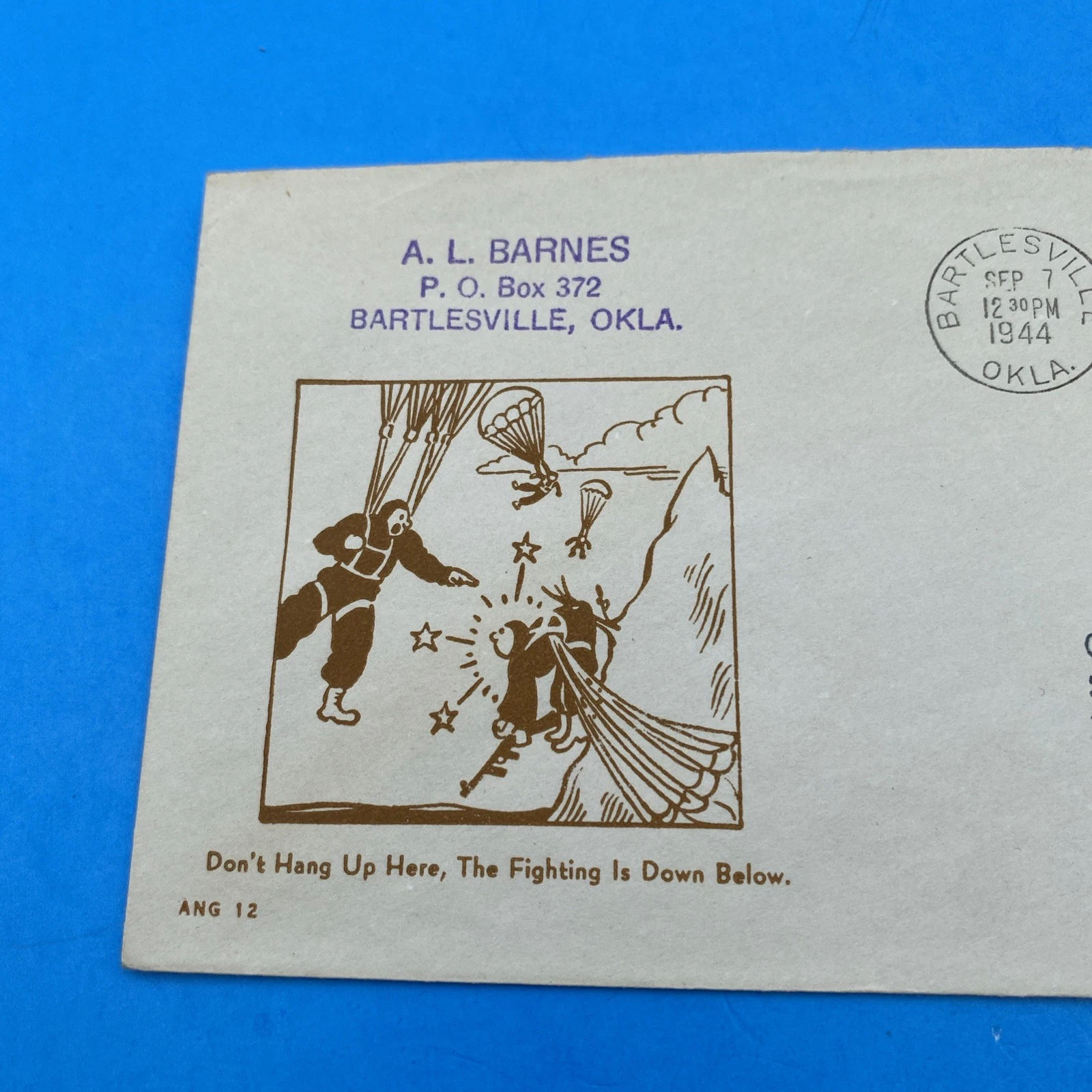 WWII Patriotic Cover ANG 12 Parachutists Bartlesville Oklahoma 1½¢ Prexie cachet - Image 2