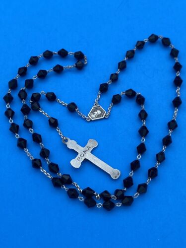 Vtg Black Bicone Faceted Glass Petite Rosary, 800 Silver, Roma, 15” Christianity - Image 2