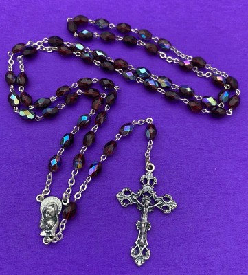 Vtg Claudio Cipolletti Red Aurora Borealis Crystal Faceted Glass Rosary, ITALY
