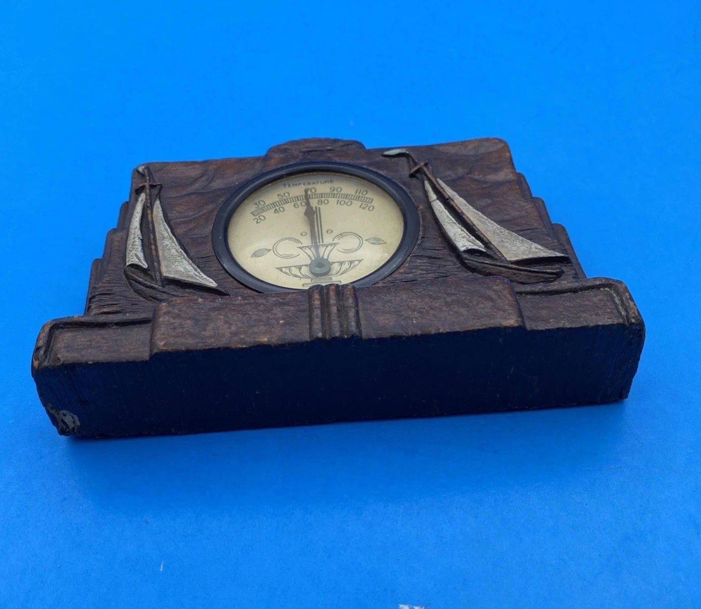 Syroco Art Deco Nautical Sailboat Desktop Thermometer 1930s Comp Wood USA Shells - Image 10