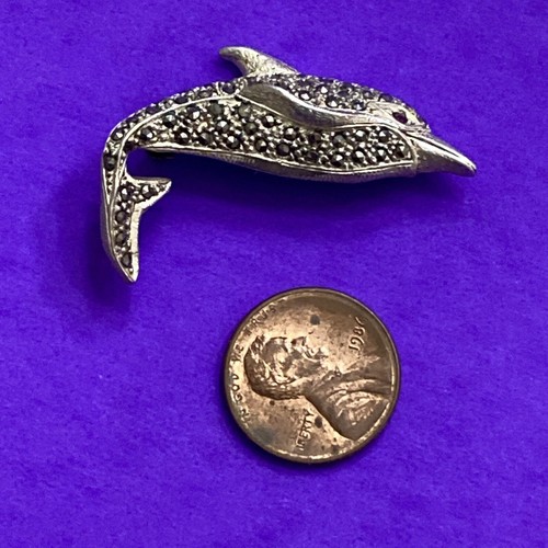 Sterling Silver Marcasite Accented Dolphin Porpoise 925 Pin Brooch Red Eye - Image 5