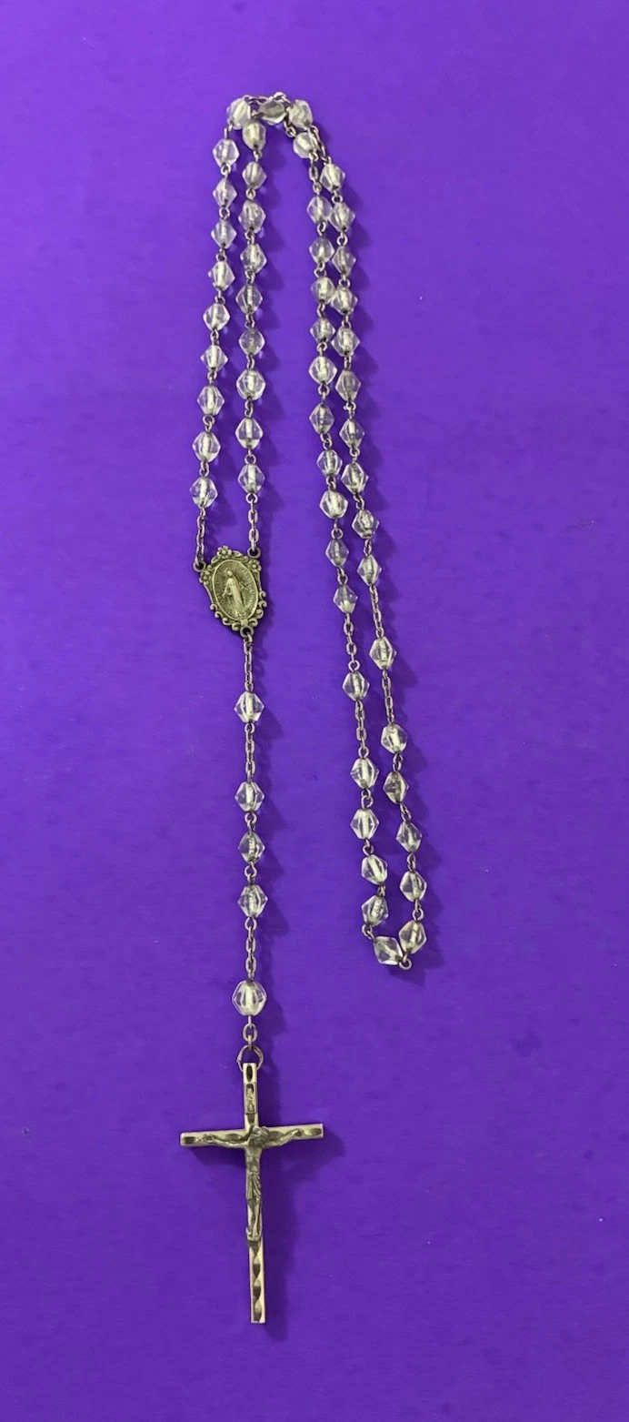 Vintage Bicone Opaque Faceted Glass Rosary, Virgin Mary Jesus Italy Christianity - Image 4