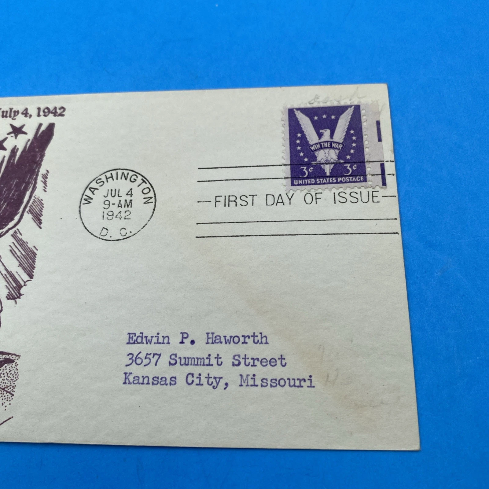 1942 Win the War FDC Washington DC July 4 Crosby Photo Cachet Scott 905 - Image 3