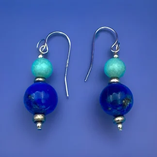 Vintage Round Lapis Lazuli & Turquoise Beaded Sterling Silver 925 Hook Earrings