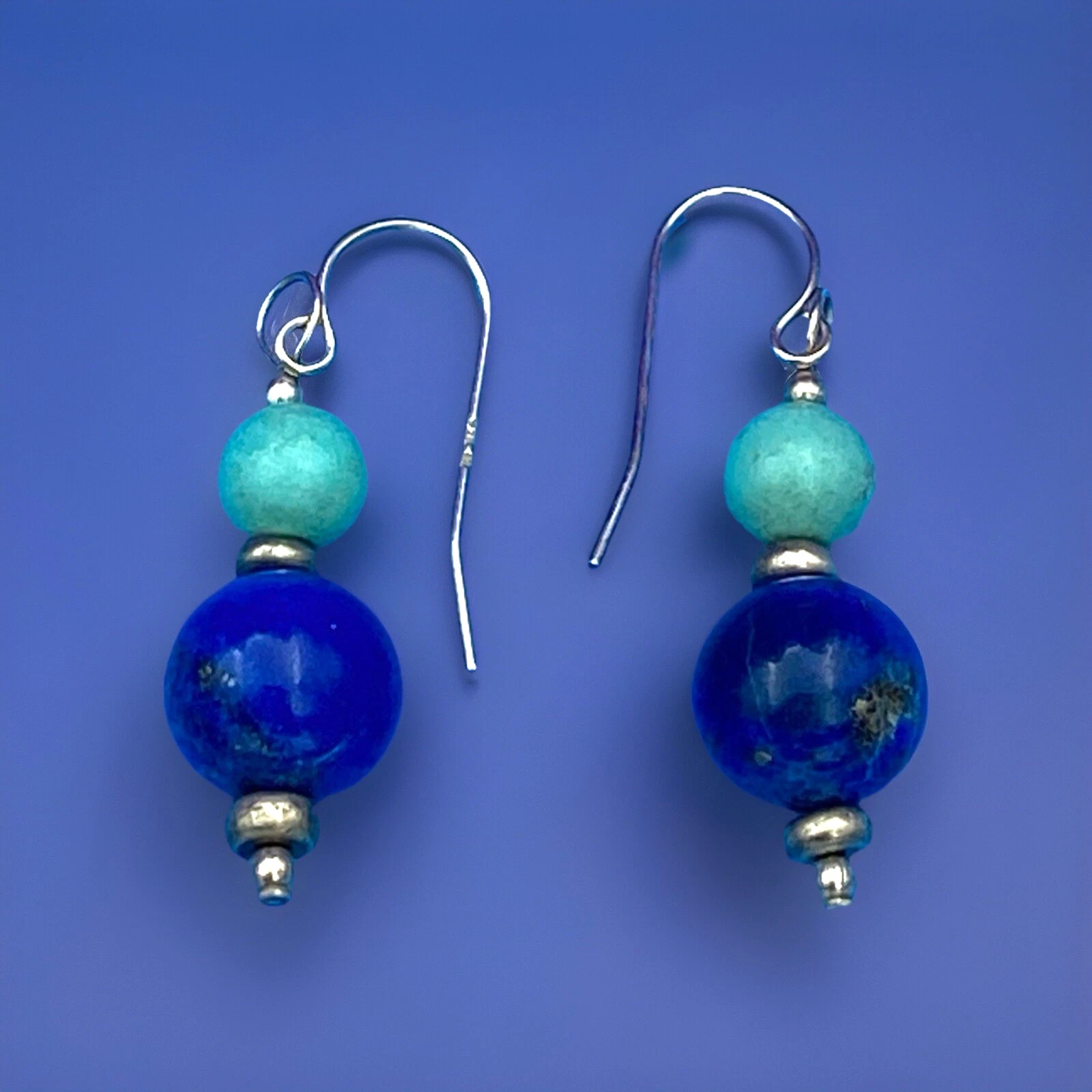 Vintage Round Lapis Lazuli & Turquoise Beaded Sterling Silver 925 Hook Earrings
