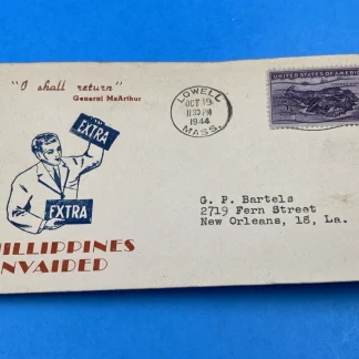 1944 MacArthur 'Philippines Invaded' Newsboy Cover, Scott 925, Oct 19 Lowell MA
