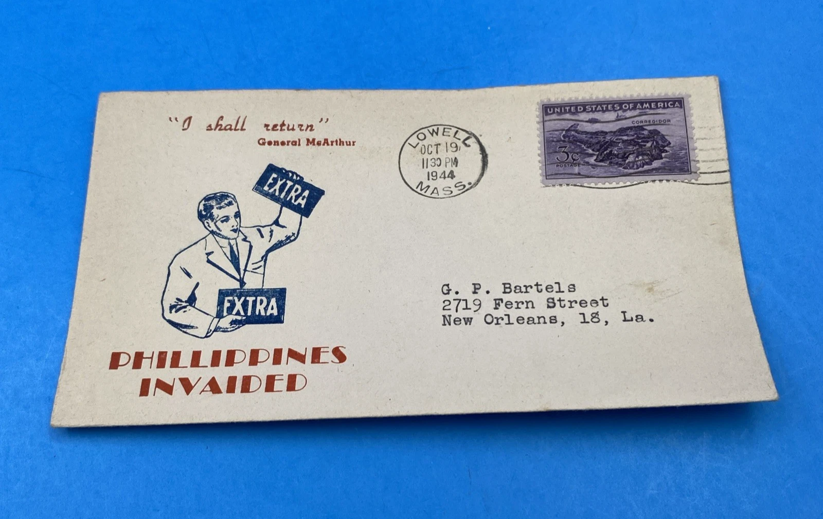 1944 MacArthur 'Philippines Invaded' Newsboy Cover, Scott 925, Oct 19 Lowell MA