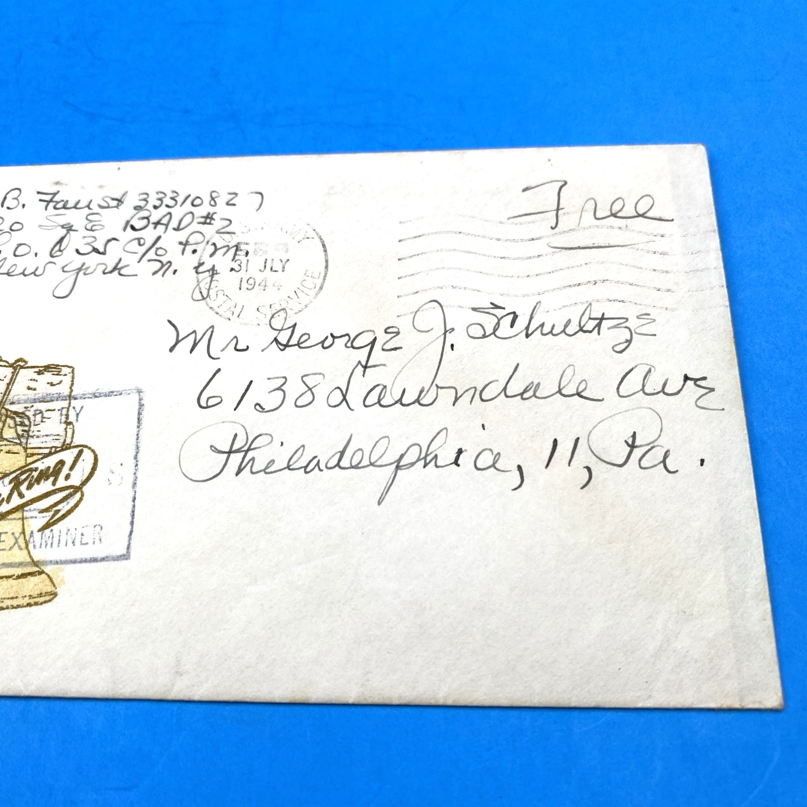 WWII 1944 Patriotic Cover APO 635 Let Freedom Ring Gold Cachet Censored E/O - Image 3
