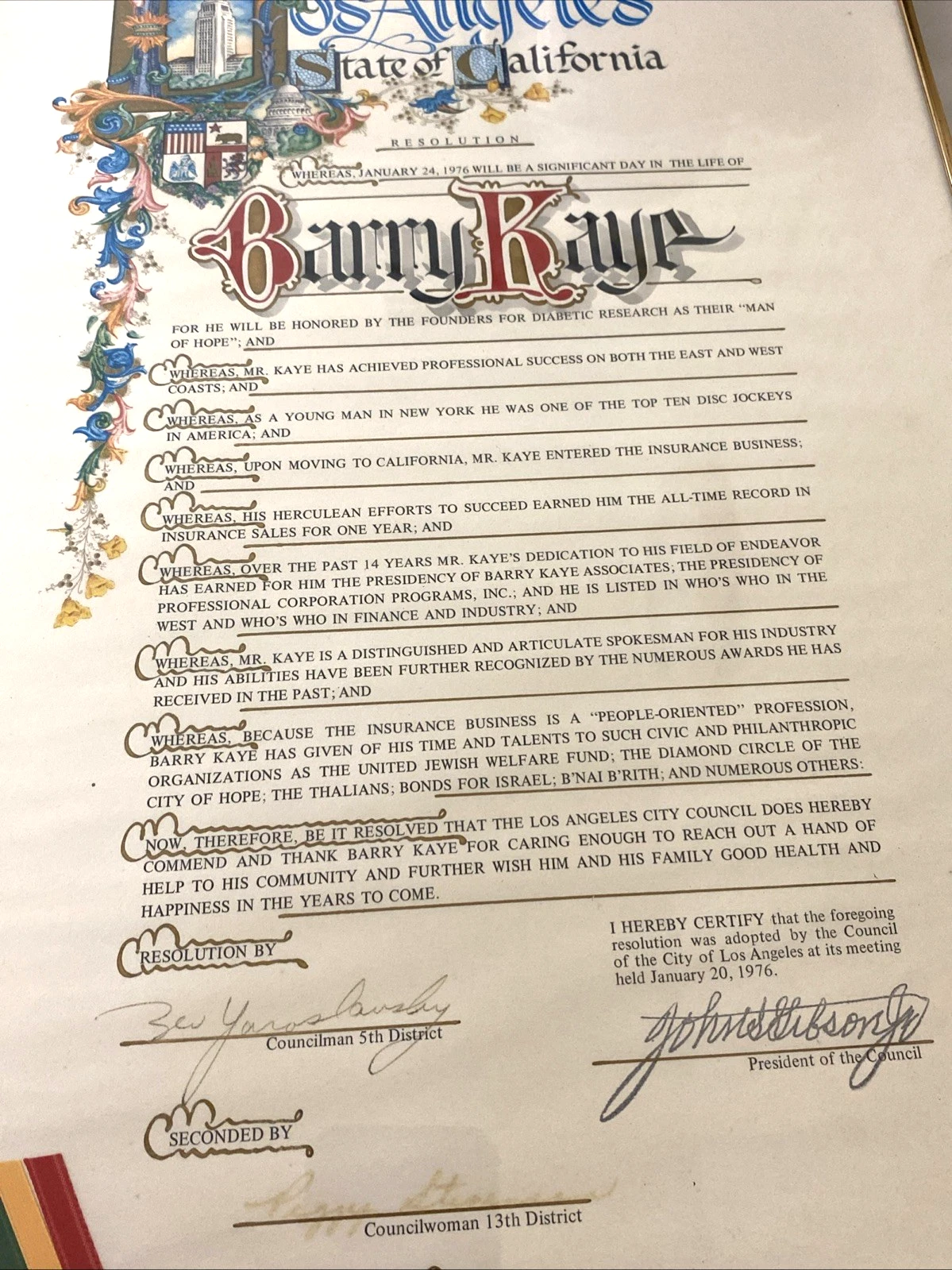 1976 Los Angeles Council Resolution Barry Kaye Signed Seal Framed 12x22 - Image 5