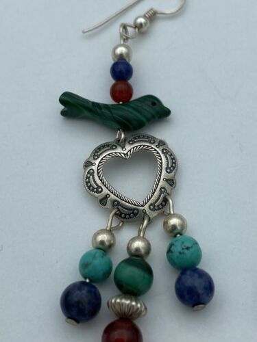 Vintage Native American QT Quoc Multi Gemstone Bead Sterling Silver Earrings - Image 3