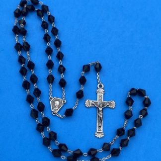 Vtg Black Bicone Faceted Glass Petite Rosary, 800 Silver, Roma, 15” Christianity