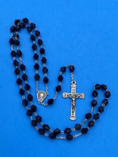 Vtg Black Bicone Faceted Glass Petite Rosary, 800 Silver, Roma, 15” Christianity
