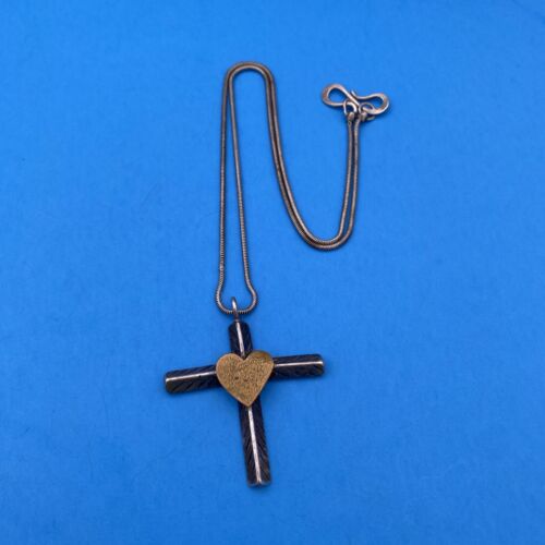 Modernist Silver Cross Heart Pendant Necklace - Image 2