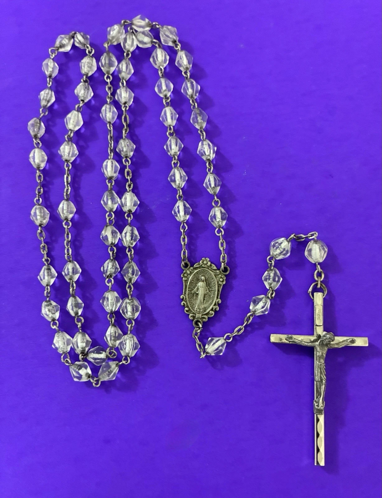 Vintage Bicone Opaque Faceted Glass Rosary, Virgin Mary Jesus Italy Christianity - Image 2