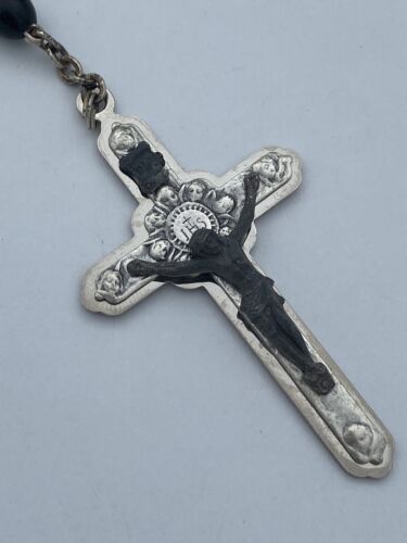 Vtg Black Acrylic Unbreakable Chain Cherub Crucifix Rosary Italy Christianity - Image 7