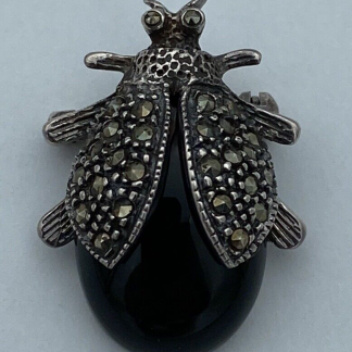 Vintage Sterling Silver Black Onyx Beetle Marcasite Brooch Pin Marked NF