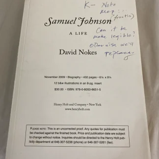Samuel Johnson A Life David Nokes Uncorrected Proof ARC w Editorial Notes 2010
