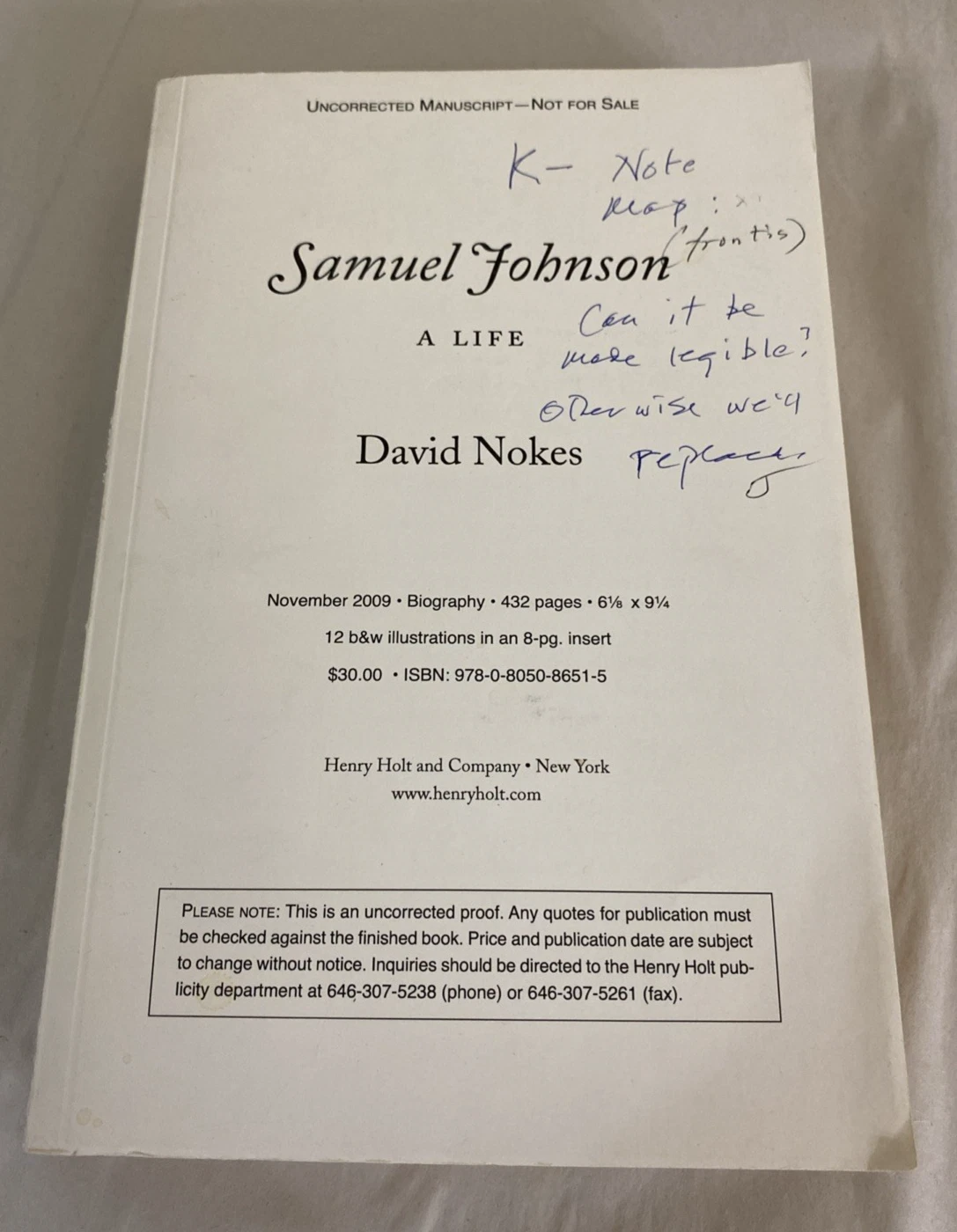 Samuel Johnson A Life David Nokes Uncorrected Proof ARC w Editorial Notes 2010