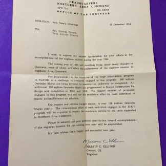 1954 US Army Northern Area Command Germany Engineer Letter Signed Col Ellison CE
