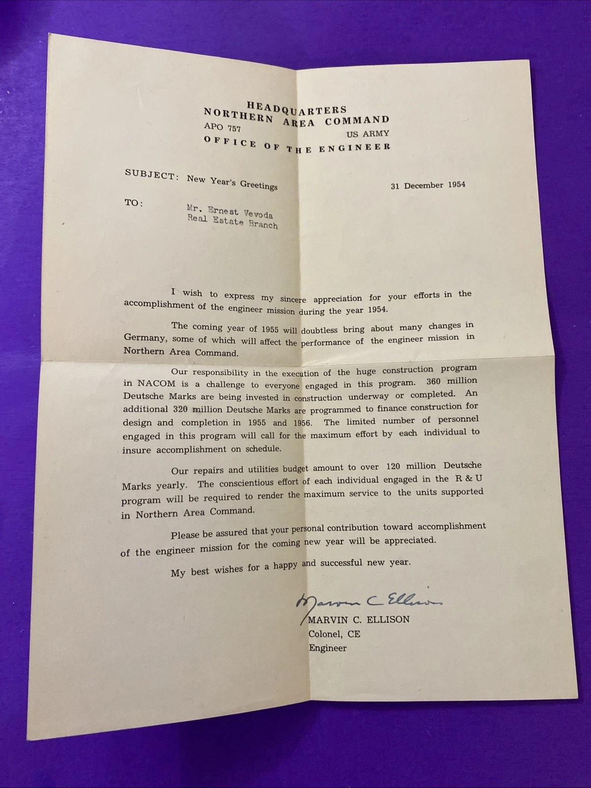 1954 US Army Northern Area Command Germany Engineer Letter Signed Col Ellison CE