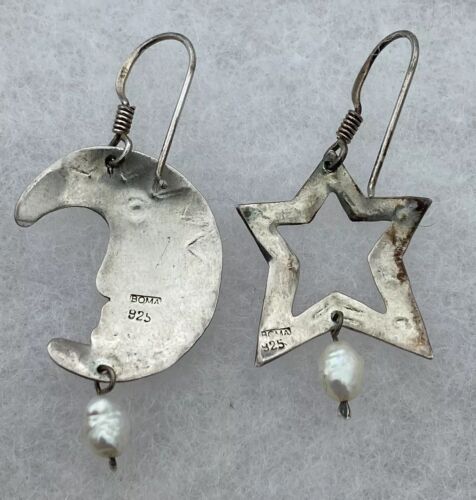 Vintage BOMA Celestial Sun Star Moon Sterling Freshwater Pearl Dangle Earrings - Image 2
